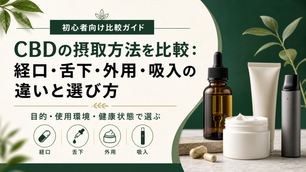 CBDの摂取方法を比較するガイドのアイキャッチ。タイトルとオイル瓶・カプセル・クリーム・吸入器の汎用イメージを組み合わせたデザイン