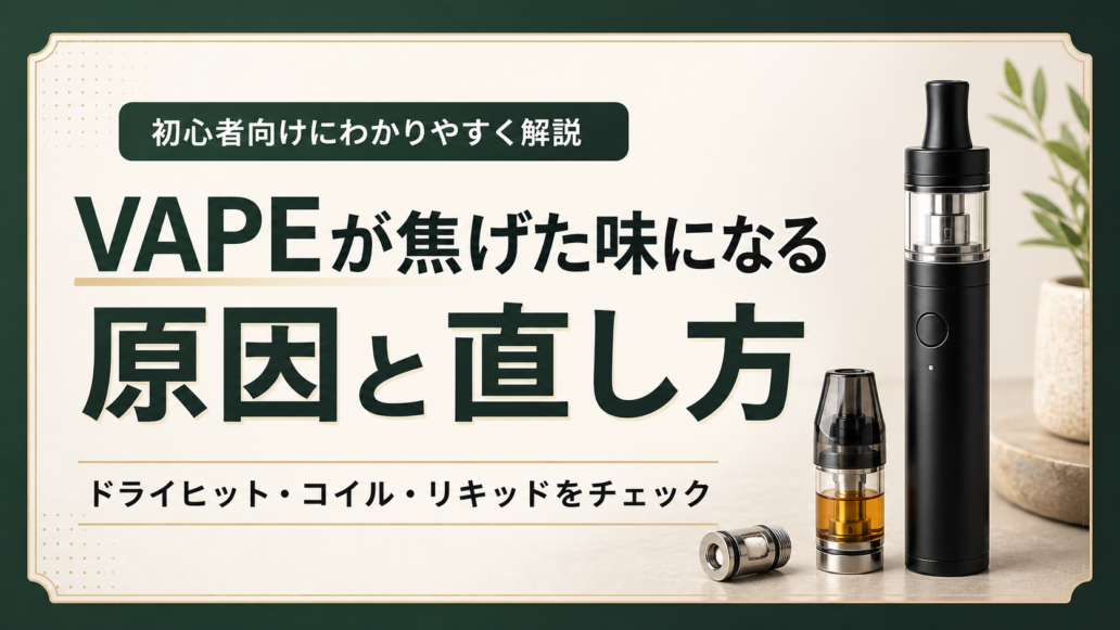 深緑とアイボリー配色のVAPE関連のアイキャッチ画像。左寄りに日本語の見出しテキスト、右側に一般的なVAPE機器のビジュアルが配置されている。