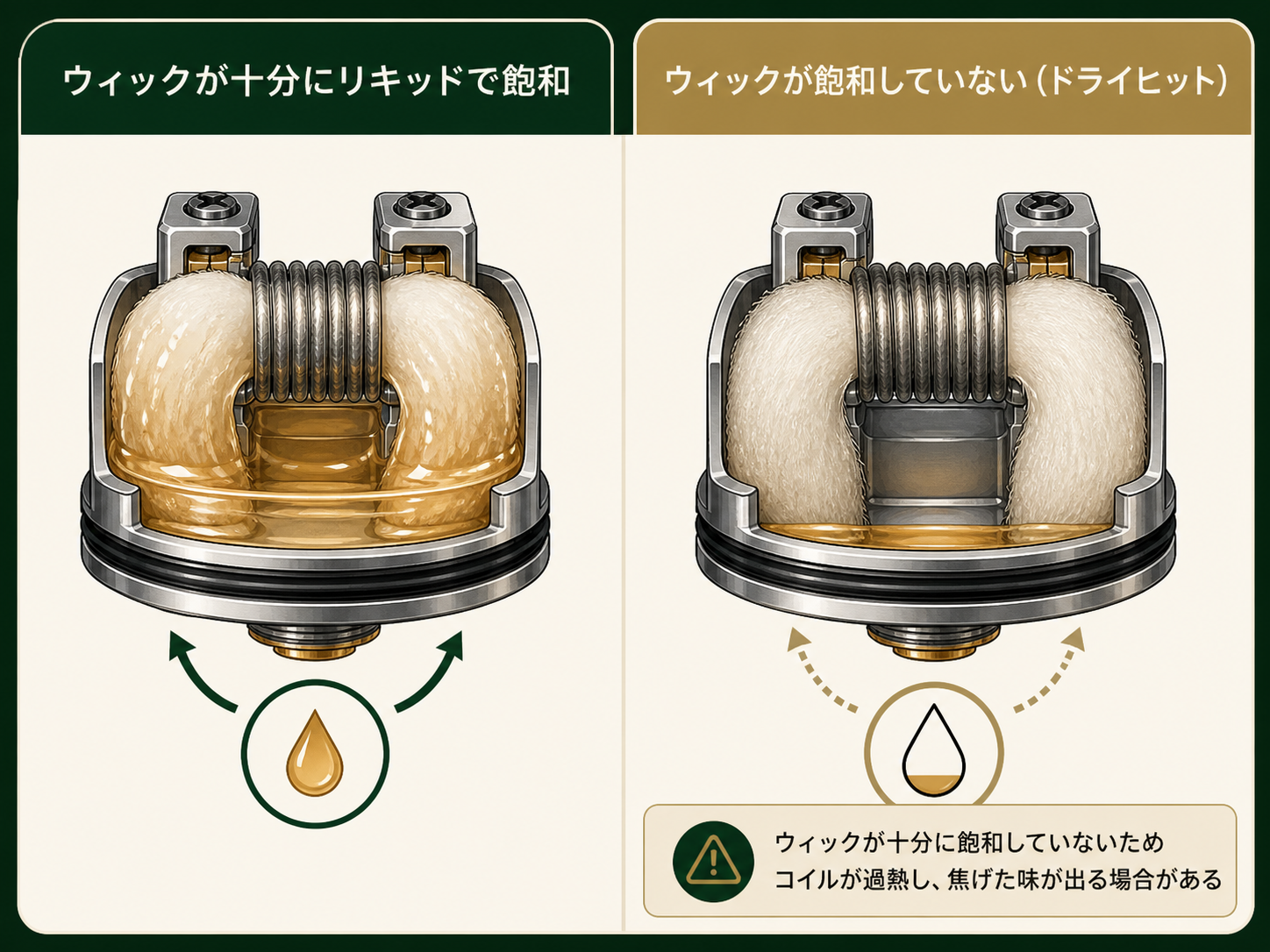 コイルとウィックの比較図。左は液で飽和したウィック、右は飽和していないウィック（ドライヒット）を並べて示している。